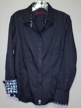 Robert Graham Women's L Vintage Black Jacquard Button Down Shirt L Contrast Cuff